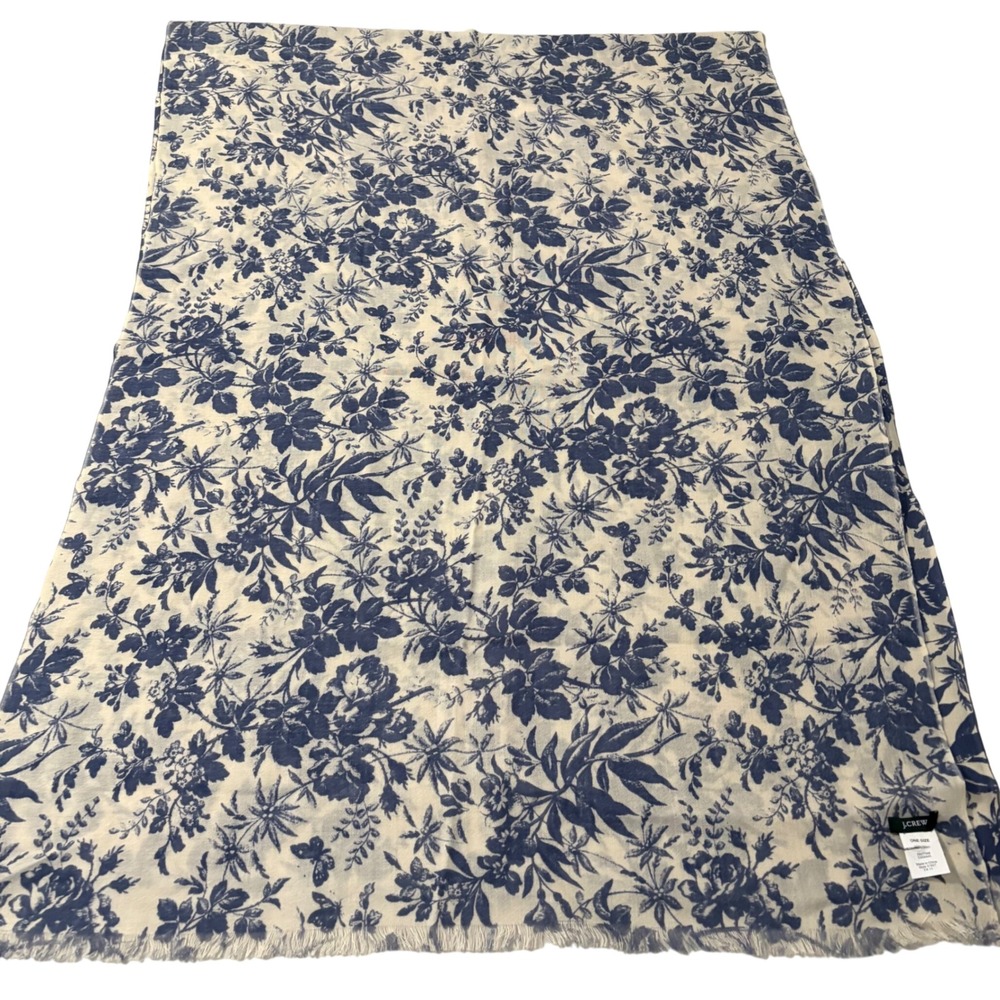 J.Crew Navy Blue Cream Floral Toile 100% Wool Scarf 51927 Eyelash Fringe Wrap